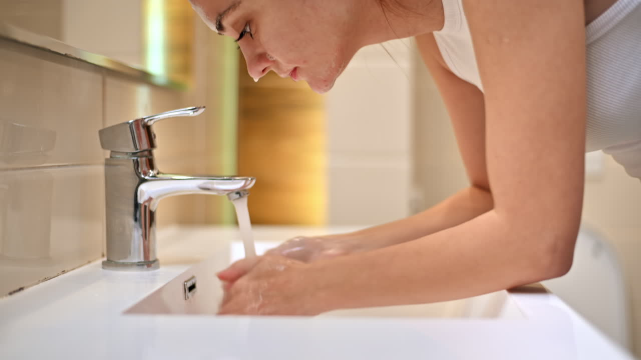 женщина моет лицо в ванной.