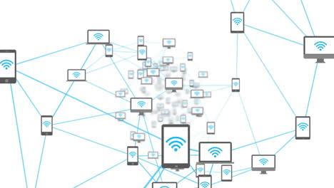 network of connected devices and wi-fi signals animation over white background