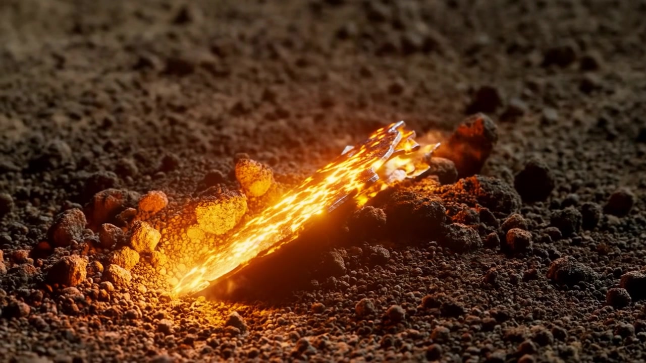 Glowing molten fragment with exposed edge igniting, emitting flames on coarse soil lighting pebbles