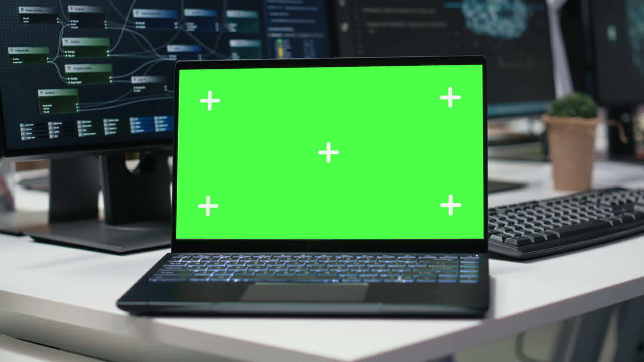 Bærbar computer med grøn skærm på kontorbord