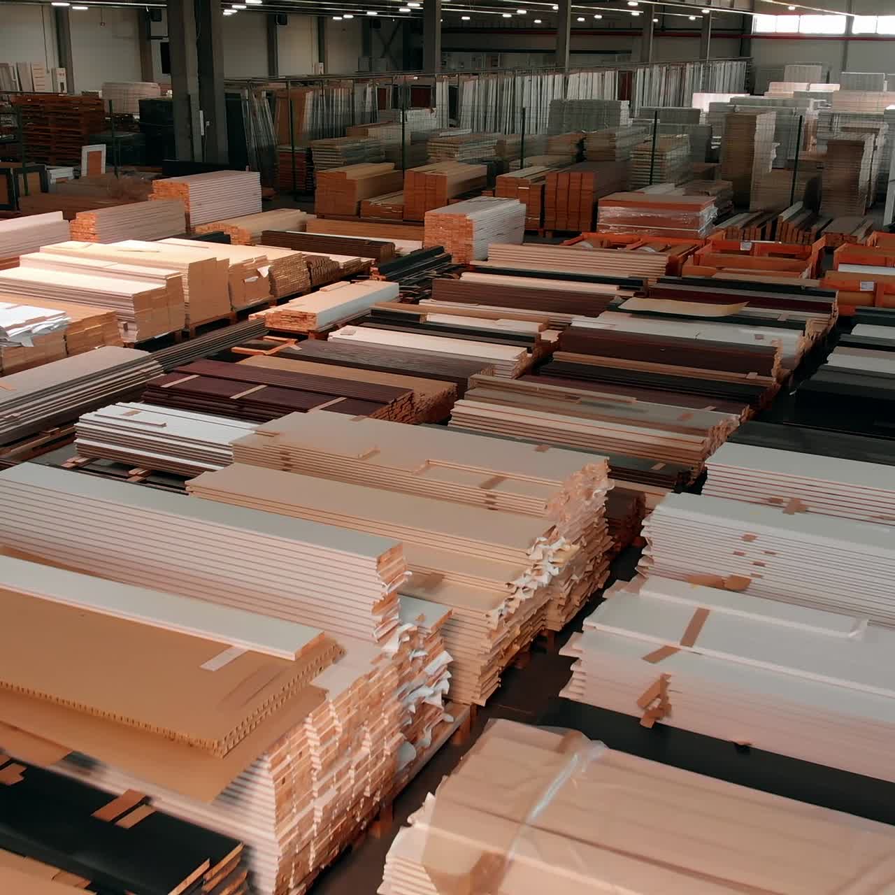 Wooden planks of diverse colors stored in the large premises. Piles of timber materials for door manufacturing