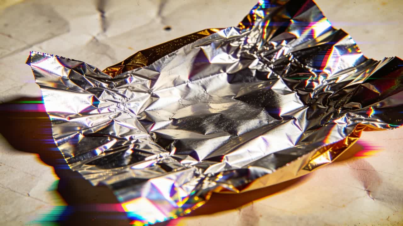 くしゃくしゃになったアルミホイルが、しわくちゃの紙の上で折り目を作り、左からの光と色の帯を捉えている。