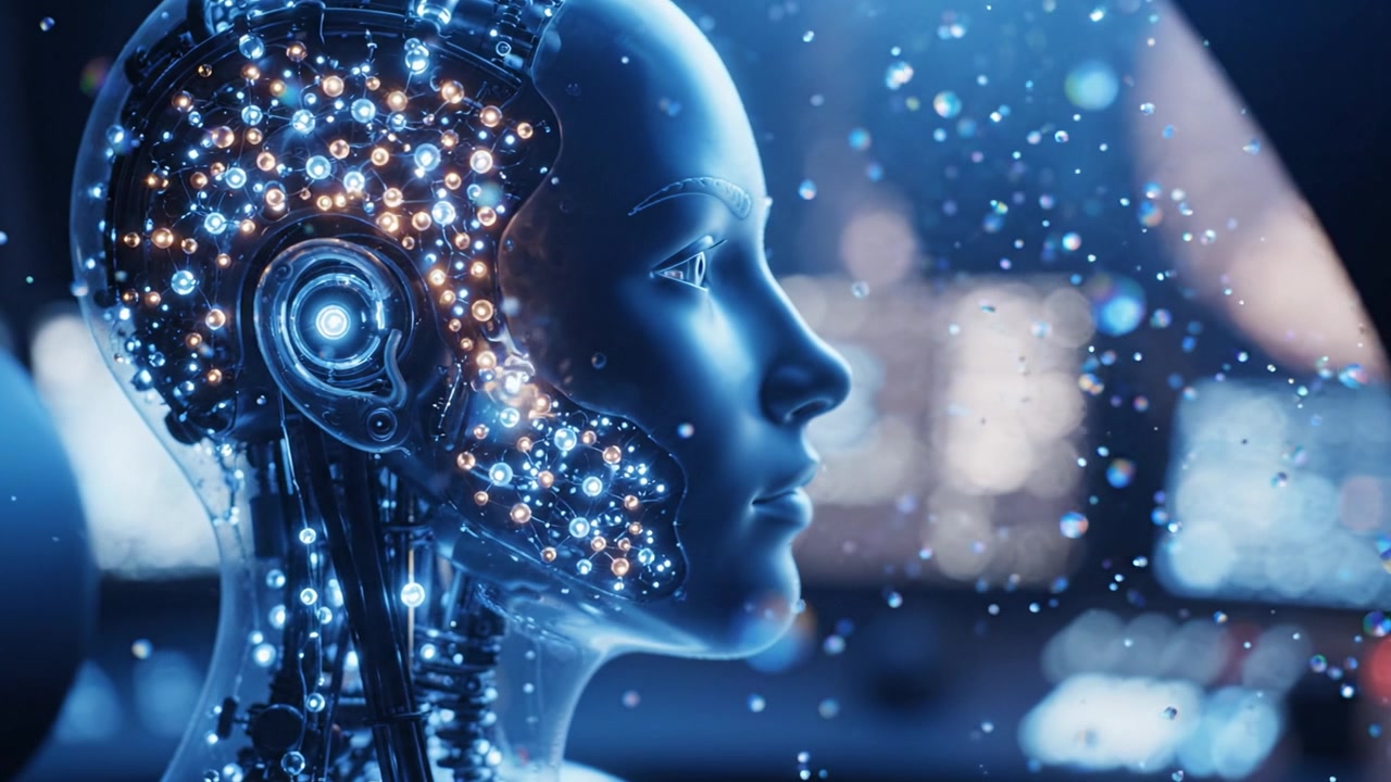 Testa di Robot Umanoide Futuristico che Dimostra Tecnologia Avanzata con Circuiti Illuminati, Mostrando l'Integrazione All'Avanguardia di Intelligenza Artificiale e Robotica