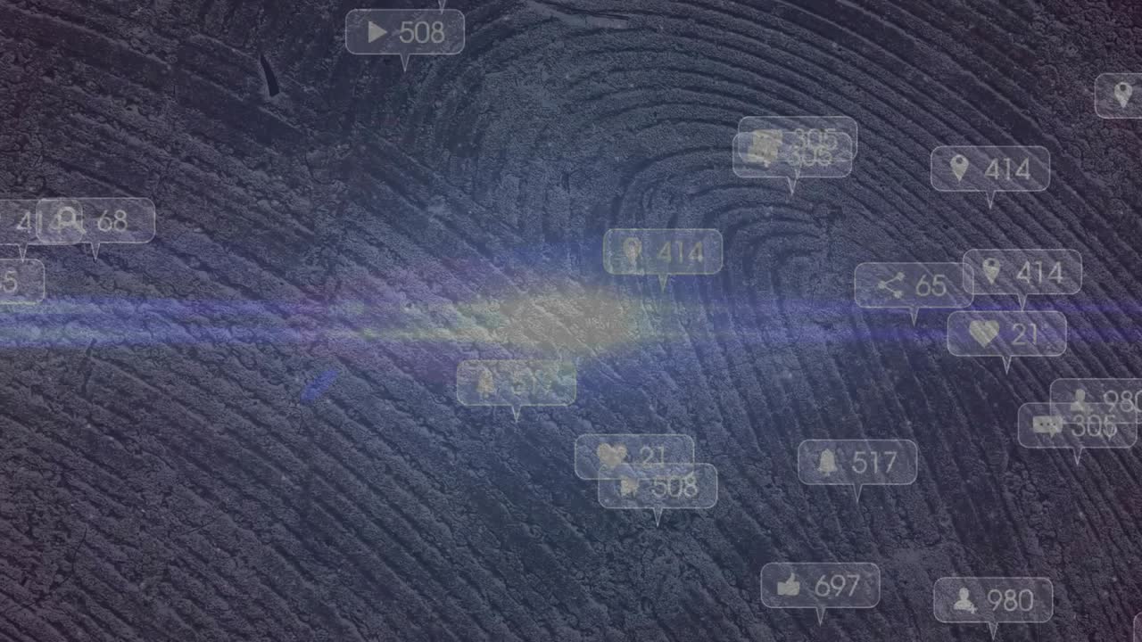 Upon fingerprint filling view, social icons drifting toward center, lens flare simulating data flow