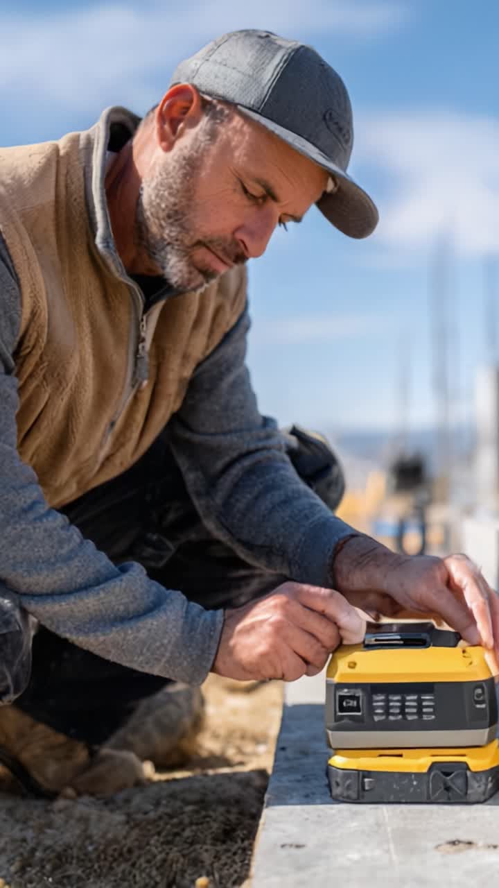 Focused Worker Maintaining Equipment on Construction Site, Ensuring Precision and Quality During Work, Committed to Tool Care and Performance Improvement