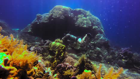 Buceador-Nadando-Cerca-De-Grandes-Rocas-Y-Algas-En-El-Mar-De-Aguas-Azules,-Bali,-Indonesia