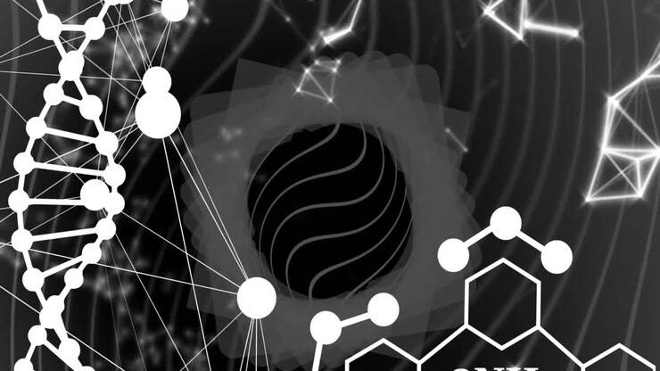 Animation of science data processing over dark background