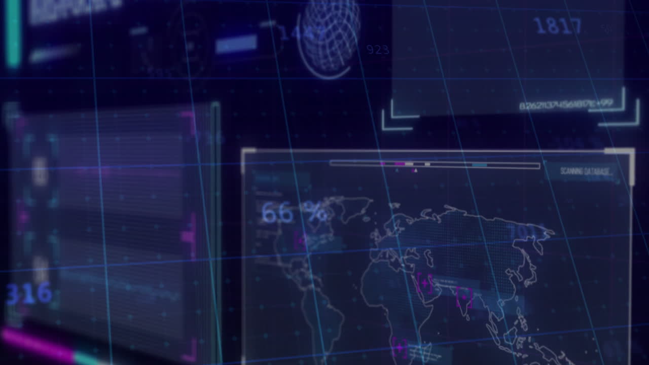 Digital world map and data processing animation with futuristic interface elements