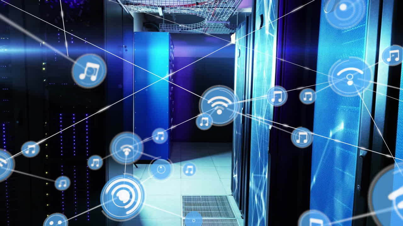 In server room, animation of music icons and data connections networking