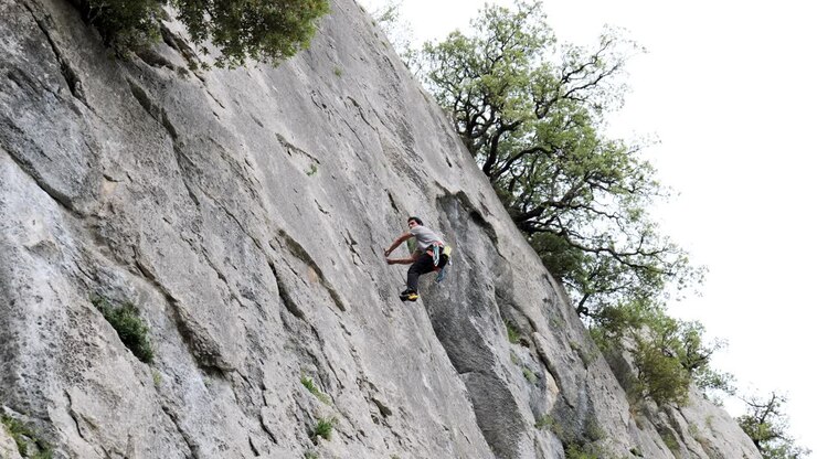 Male climber ascending on cliff in summer