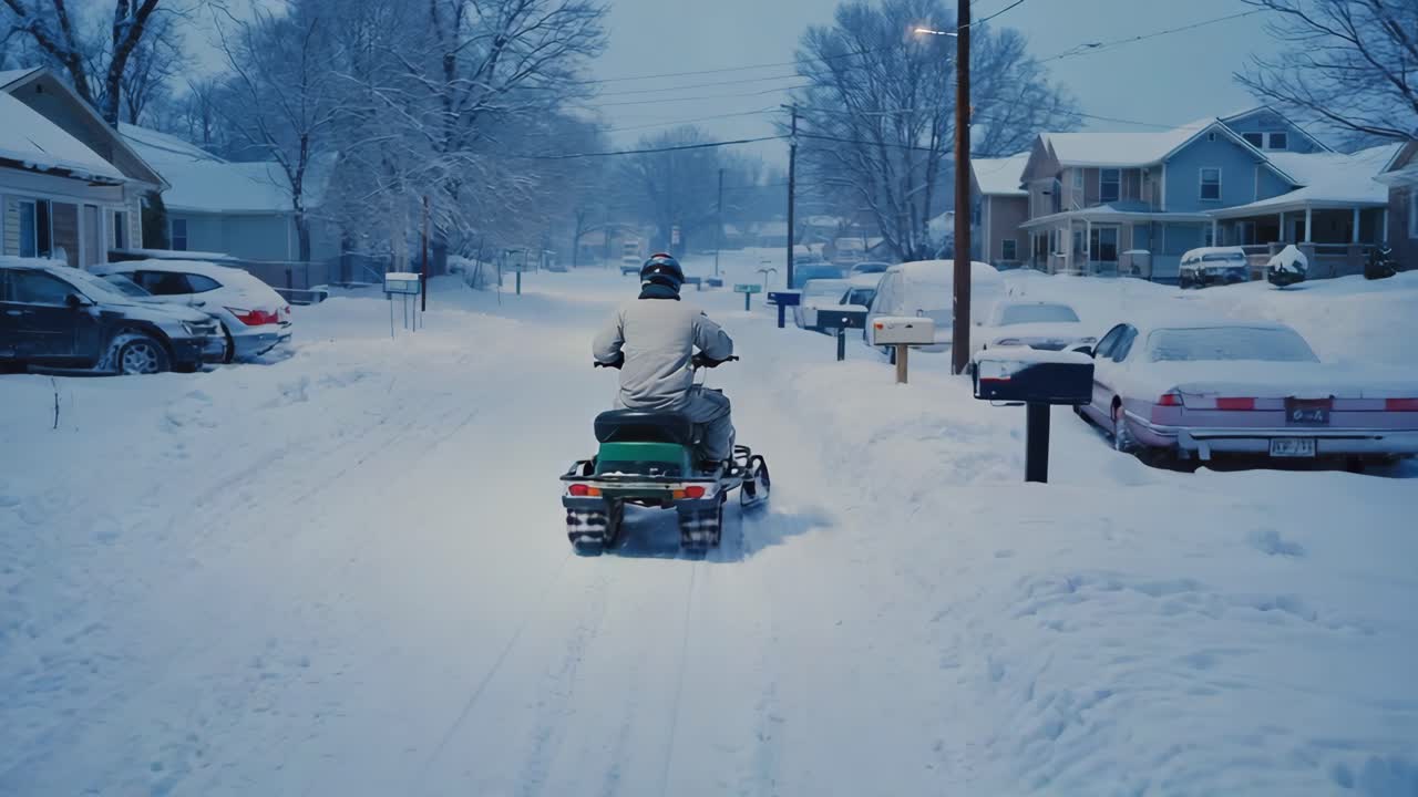 Snowy Street Scene with Snowmobile