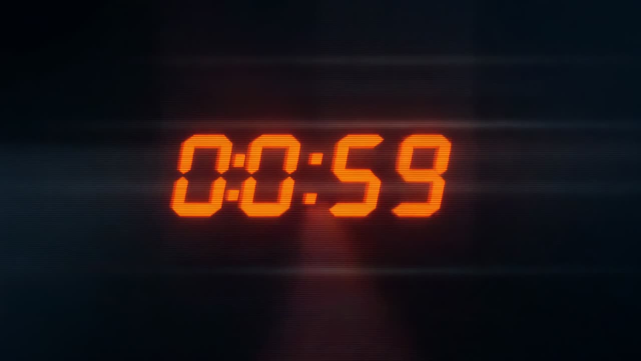 Holding glowing orange digital timer at 0:45 resetting time on dark backdrop, with glitch streaks