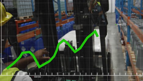 Animation-of-data-processing-over-rear-view-of-biracial-male-worker-operating-forklift-at-warehouse