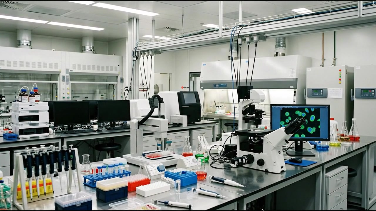Modern laboratory workplace with research monitors and chemical equipment