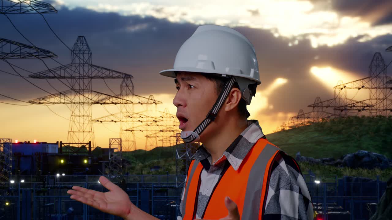 Close Up Side View Of Ondering Asian Male Engineer With Safety Helmet Saying Why Working Doubtfully Near High Voltage Tower