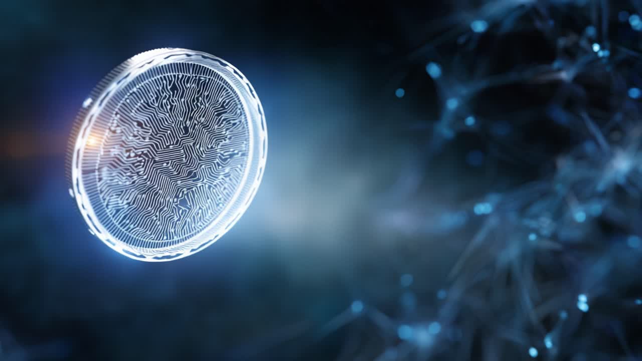 A high-tech digital coin with intricate circuit patterns floats elegantly against a backdrop of glowing, interconnected nodes representing a futuristic network