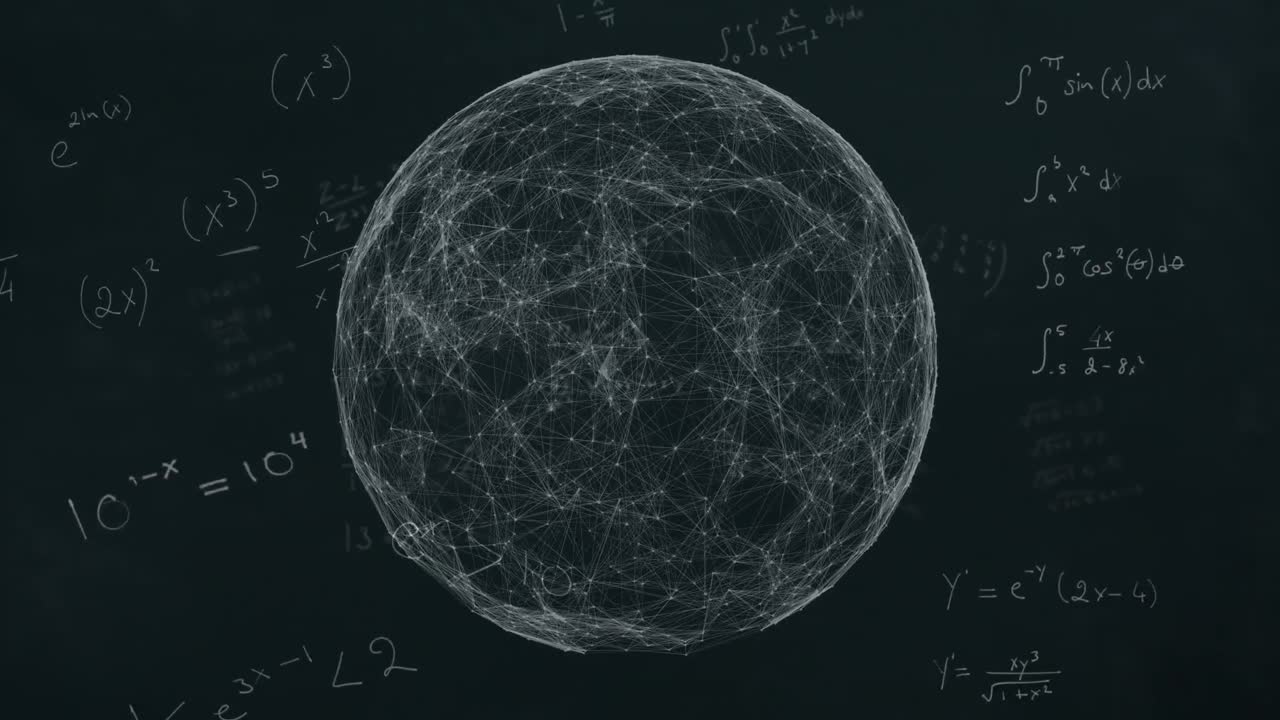 animación de globo giratorio y fórmulas matemáticas en fondo negro
