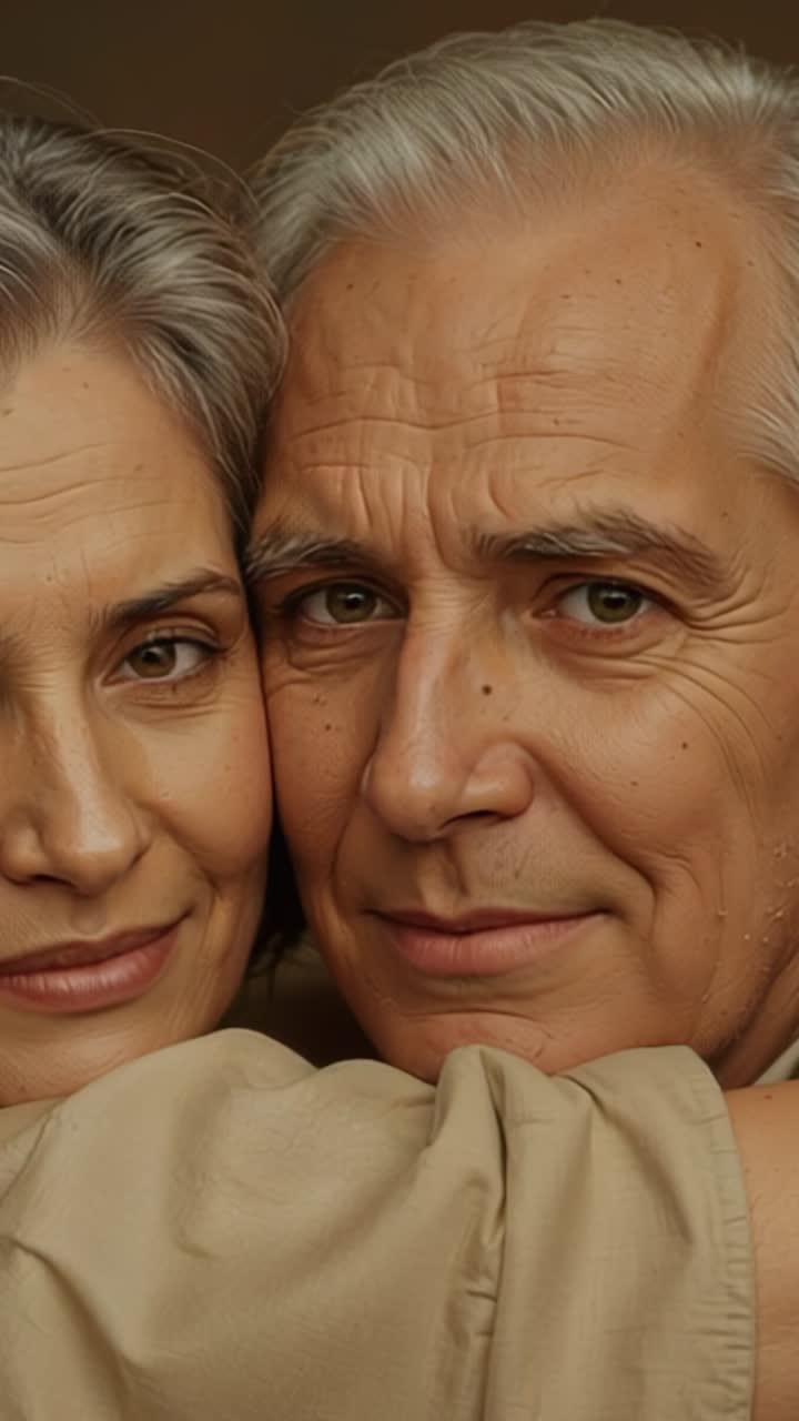 Vertical video: Opening close-up showing senior woman hugging man at home by wall sharing affection