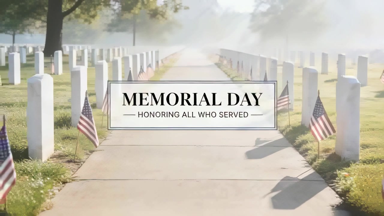 Moving dolly panning memorial text and path through cemetery with graves and flags honoring service