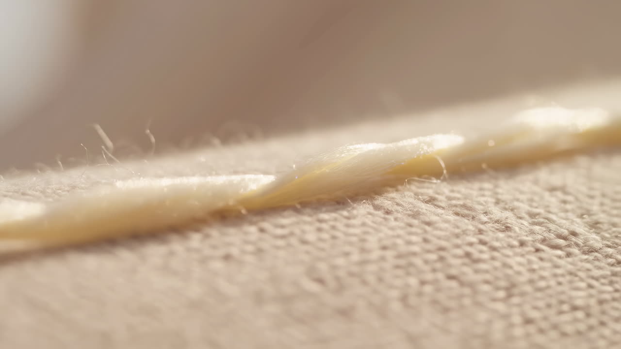 Detailed View of Beige Fabric Texture and Thread