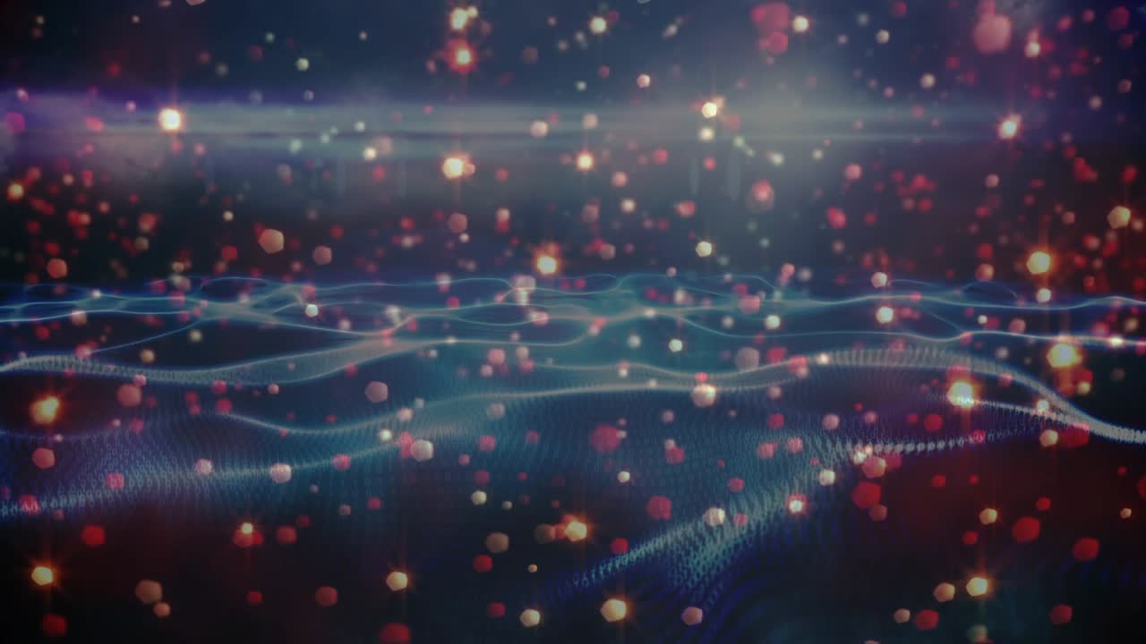 Light band pulsing, blue-white waves undulating as warm dots glowing, creating depth