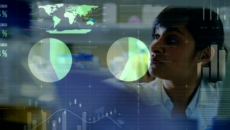 animation of floating diagrams and data processing over mixed race female doctor