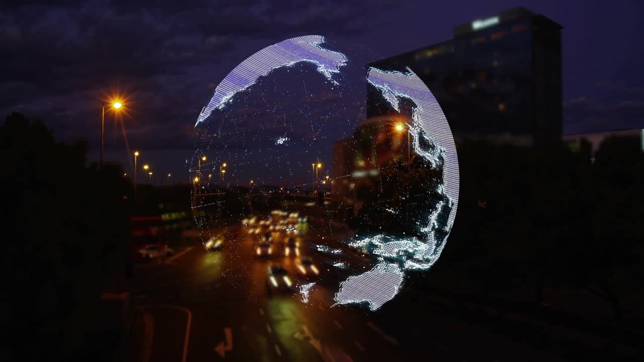 Faint globe appearing over roadway, rotating, revealing continents and mapping traffic flow beneath