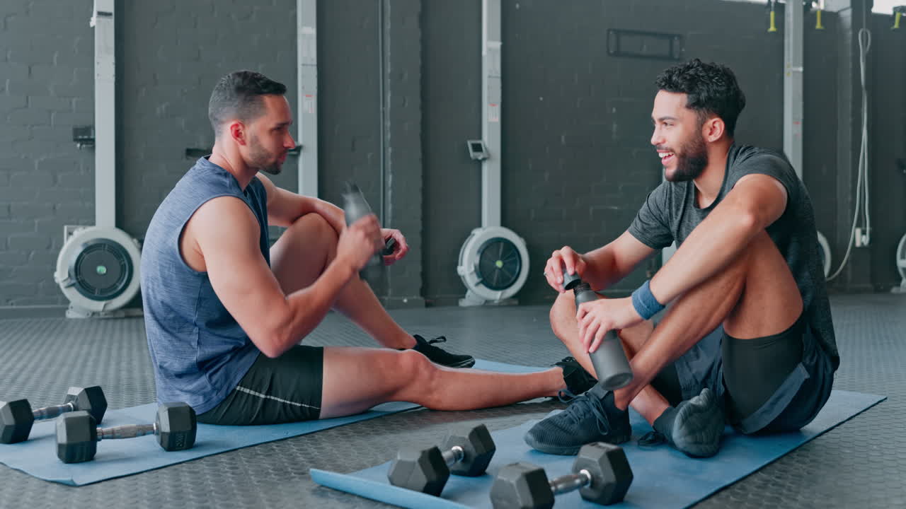 amigos de fitness, gimnasio y hombres bebiendo agua