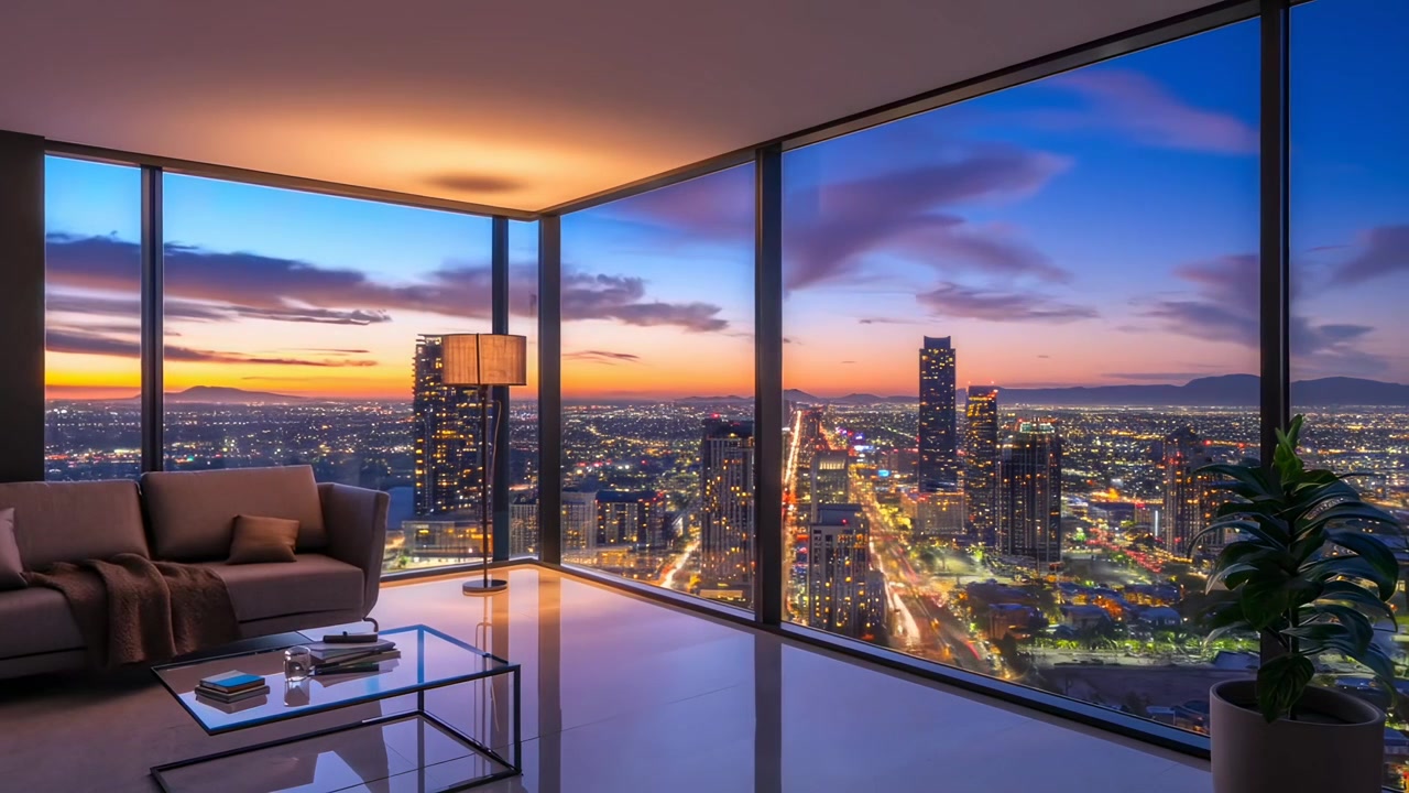 Moderne lejlighed med panoramaudsigt over byen fra solnedgang til nat
