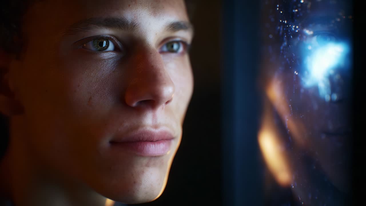 A Young Man Gazing Thoughtfully Through a Window, Contemplating Life and Dreams as Reflections Capture Moments of Introspection and Wonder in the Soft Glow of Dim Light Surrounding Him