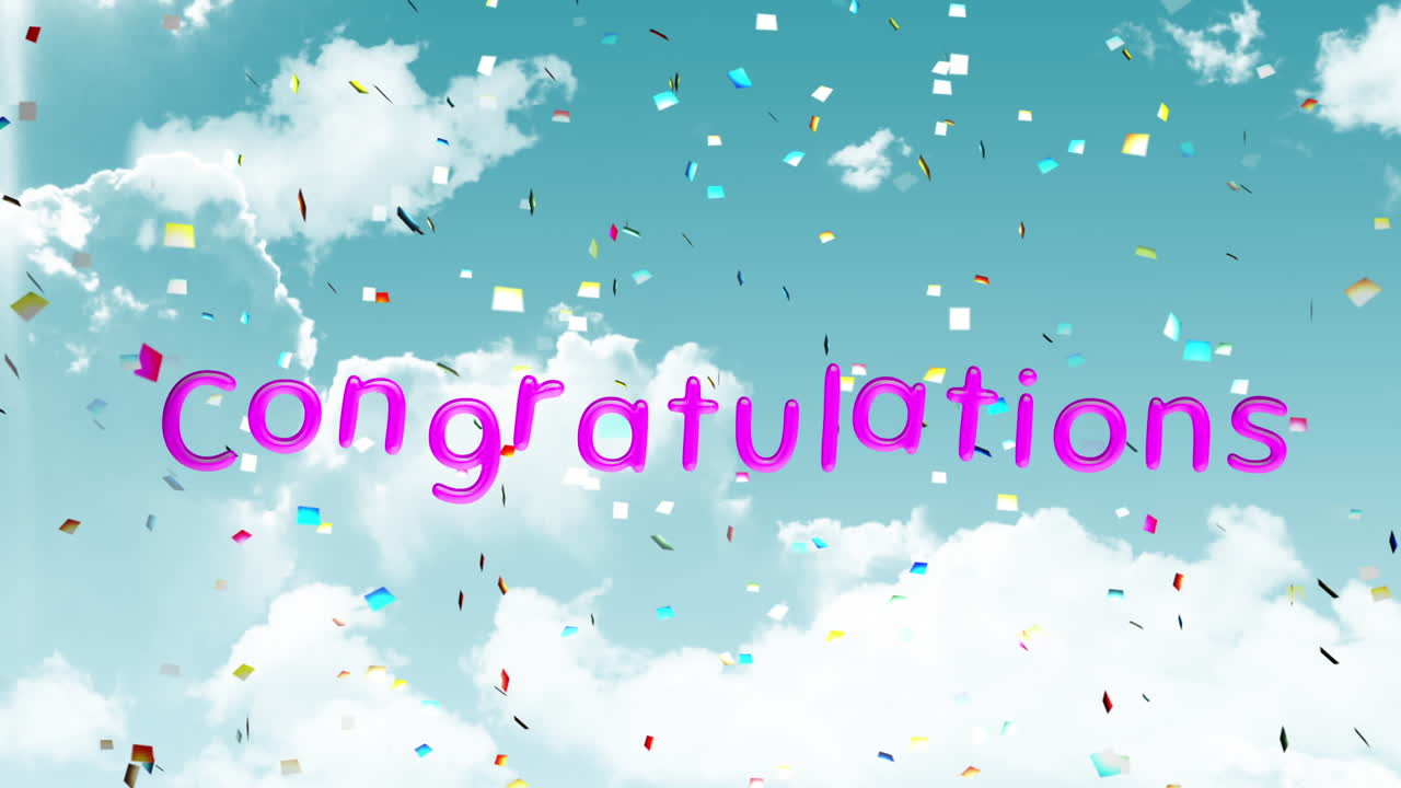 구름이 있는 파란 하늘에 쓰여진 축하