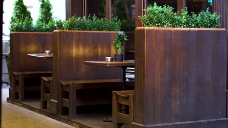 wooden benches of the restaurant exterior part