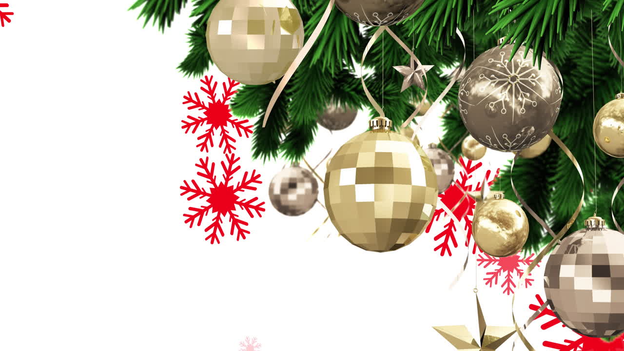 animación de la nieve cayendo sobre la decoración de navidad con bolas