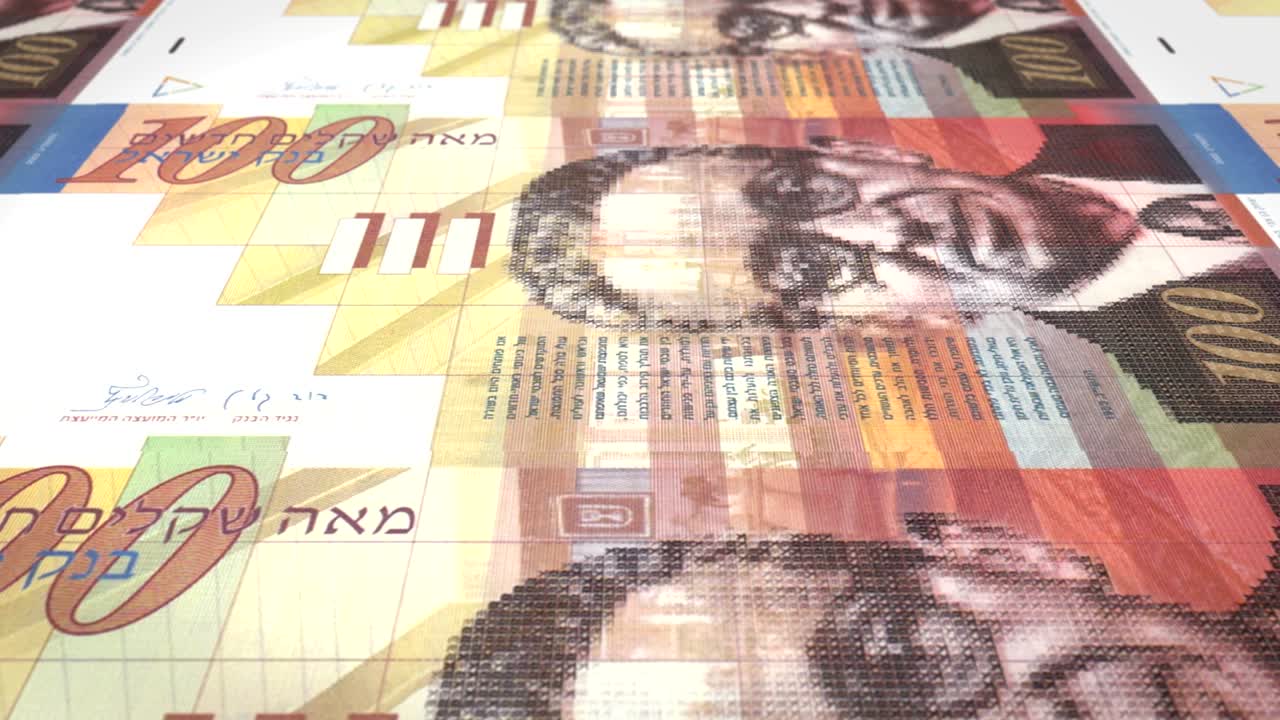 100 이스라엘 셰의 지폐가 스크린에 굴러, 현금, 루프