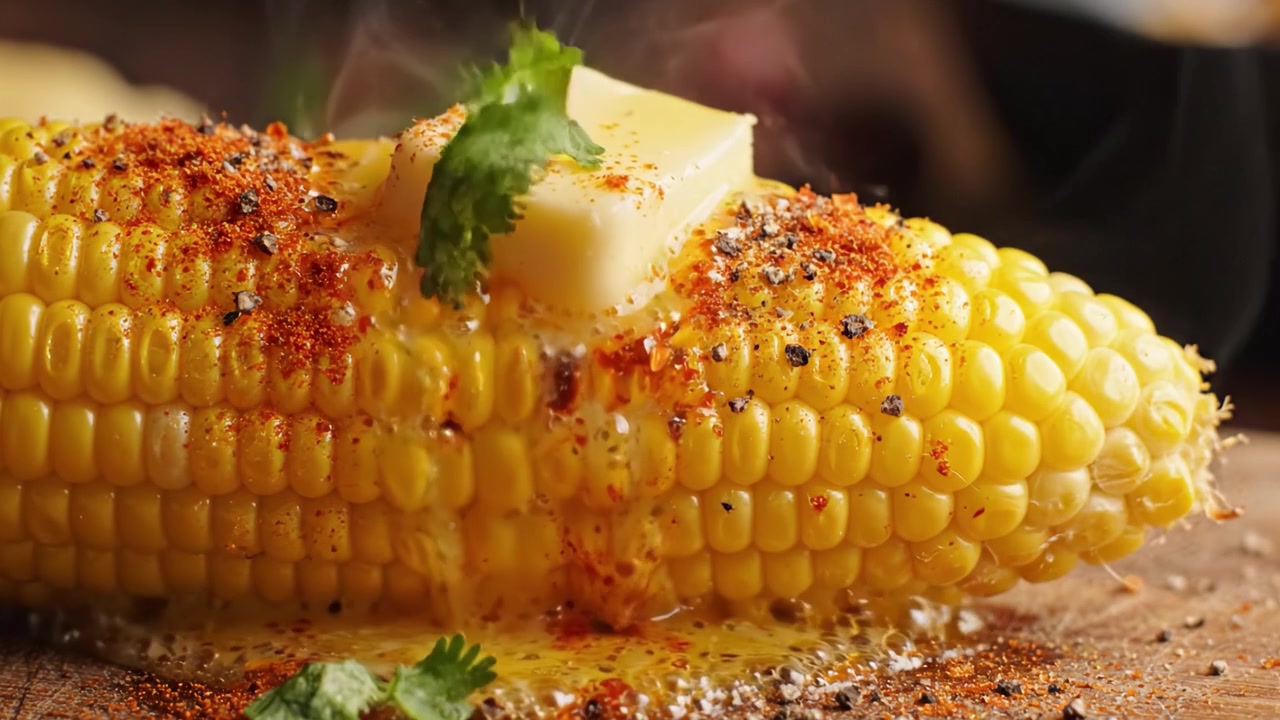 Un délicieux épi de maïs grillé, garni de beurre et d'épices, rehaussé d'herbes fraîches pour une gâterie estivale savoureuse.