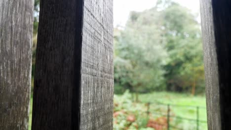 raining weather in rural mountain countryside through rustic oak wood barn beams window fast left dolly