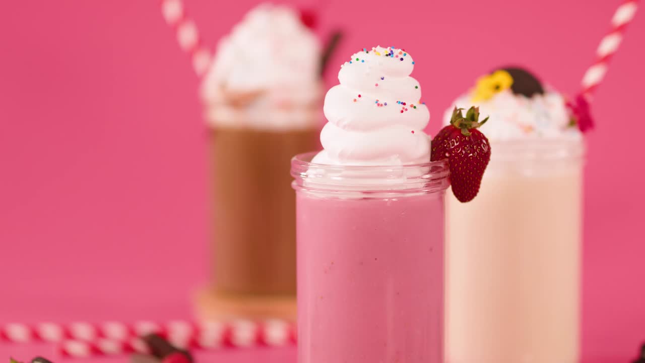 Primo piano di un milkshake alla fragola rosa con panna montata e codette colorate