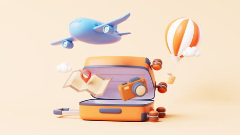 loop animation of cartoon style luggage with travel theme, 3d rendering.