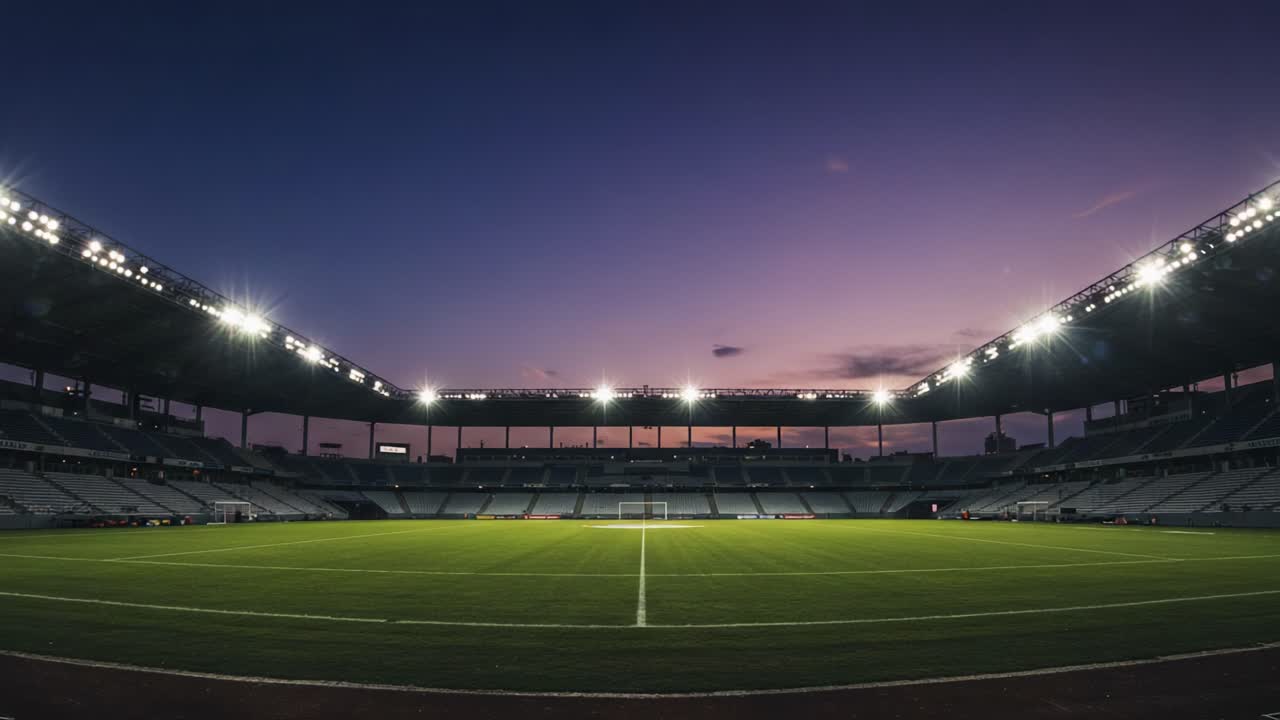 A Dramatic Transformation of a Stadium from Dusk to Night: The Evolution of Ambiance in a Vibrant Sports Arena