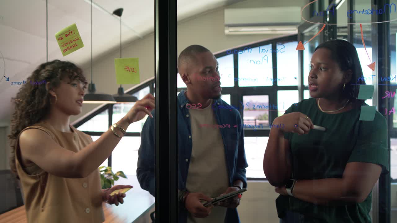 Team eterogeneo: a sinistra posizionano note gialle sul vetro, al centro usano un tablet, a destra riordinano oggetti in ufficio.