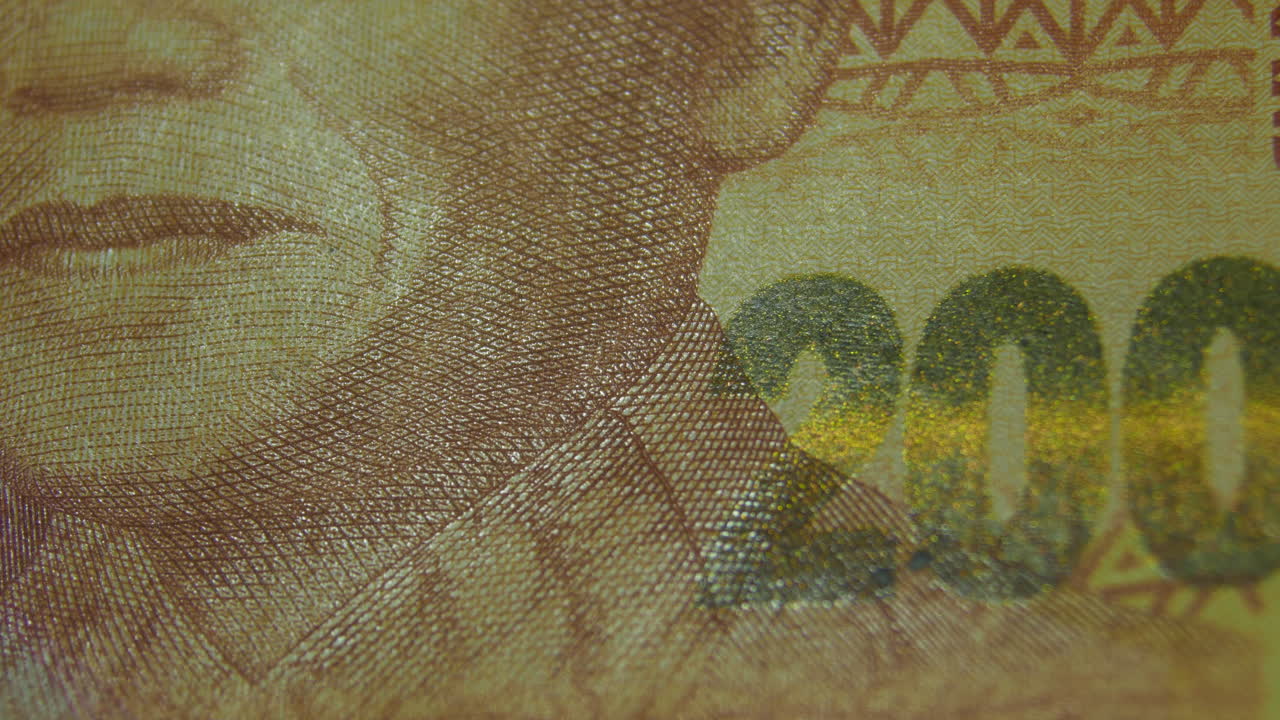 esta es la vista macro de un billete de papel normal- dinero- moneda de 200 rand sudafricano