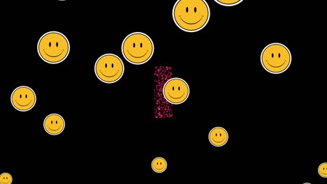 Multiple-smiling-face-emojis-floating-against-3d-computer-model-spinning-on-black-background