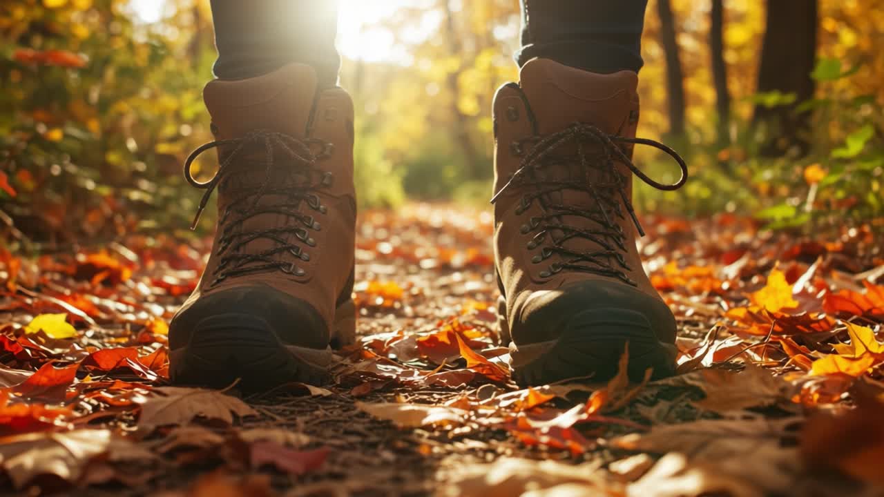 Exploring Nature in Autumn: A Close View of Hiking Boots on a Leaf-Covered Trail with Breathtaking Fall Foliage Illuminated by Soft Sunlight