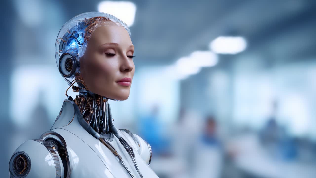 Futuristic humanoid robot with intricate circuitry and a serene expression, set against a high-tech background, showcasing advancements in artificial intelligence and robotics