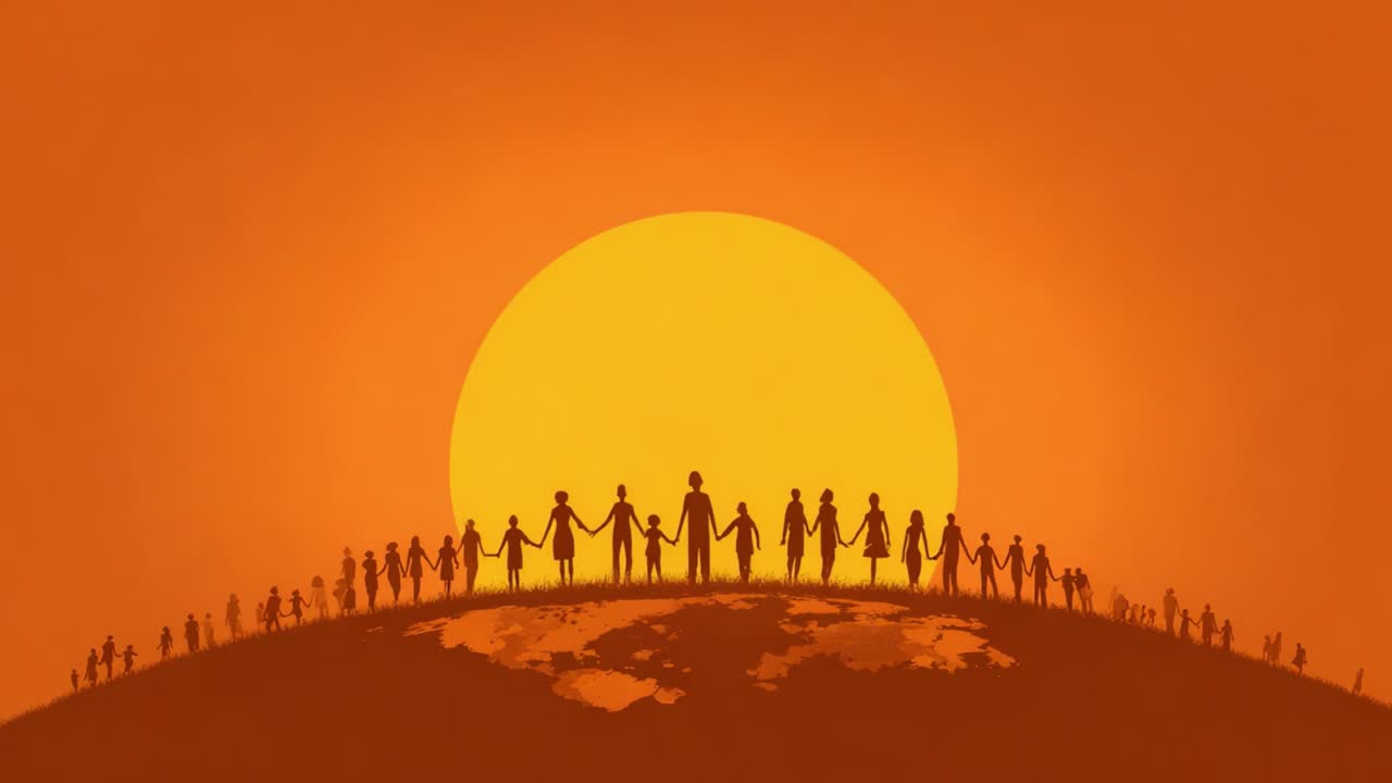 Unity in Diversity: A Celebration of Humanity Against a Stunning Sunset, Depicting People from Different Backgrounds Holding Hands around the Globe
