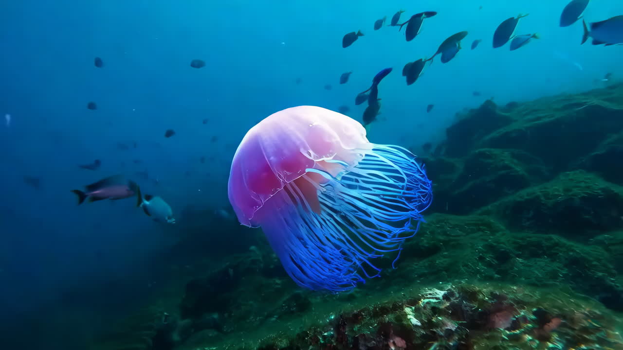 Vibrant Pink and Blue Jellyfish Gliding Through the Ocean