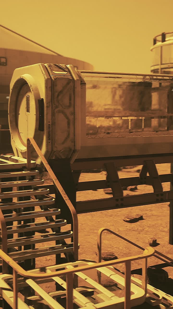 Mars habitat with transparent modules and landing structures during daytime