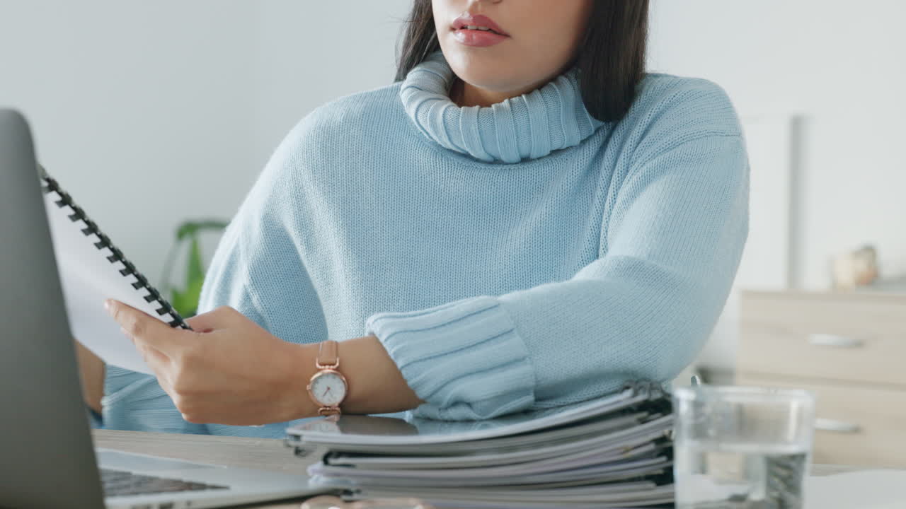 Documents, report and bored with a woman