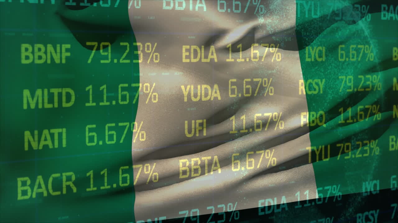 Animazione di elaborazione dati finanziari sulla bandiera della Nigeria.