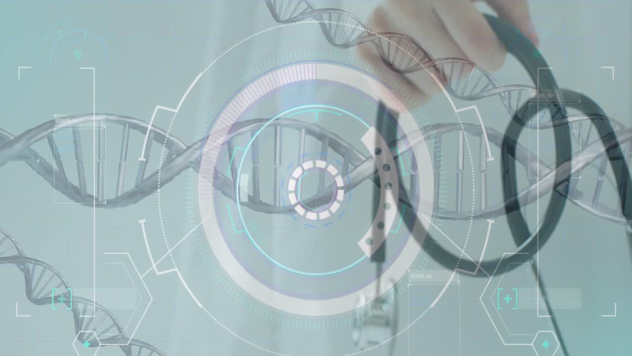 dna 줄무의 애니메이션과 스 스캔은 스테토스코프를 사용하여 손으로 수행됩니다.